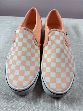 Vans Peach and White Checkerboard Slip-On Sneakers